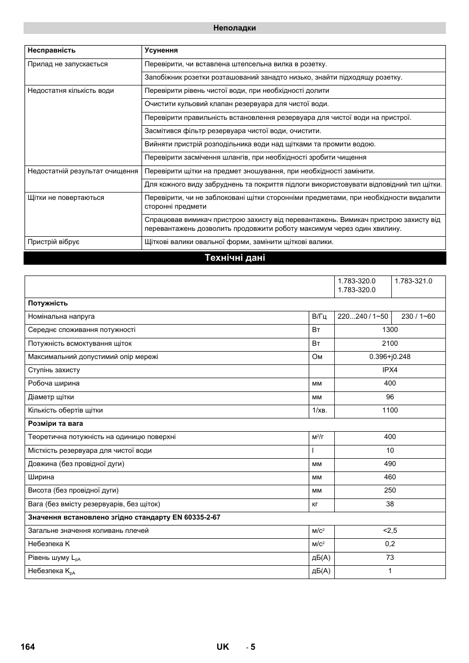 Технічні дані | Karcher BRS 40-1000C EU User Manual | Page 164 / 168