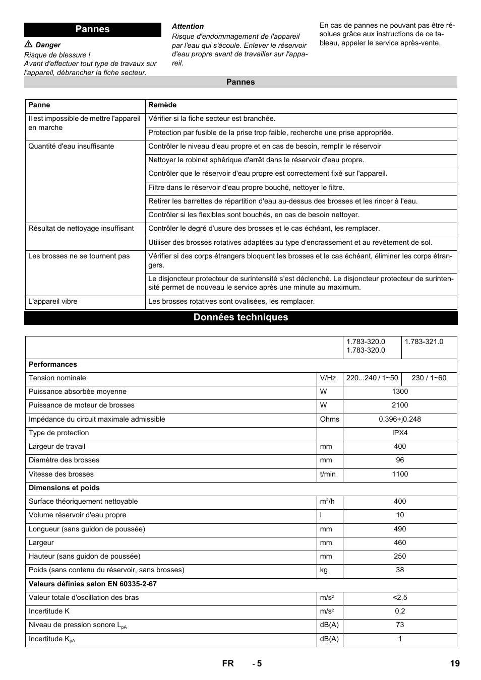 Pannes, Données techniques | Karcher BRS 40-1000C EU User Manual | Page 19 / 168