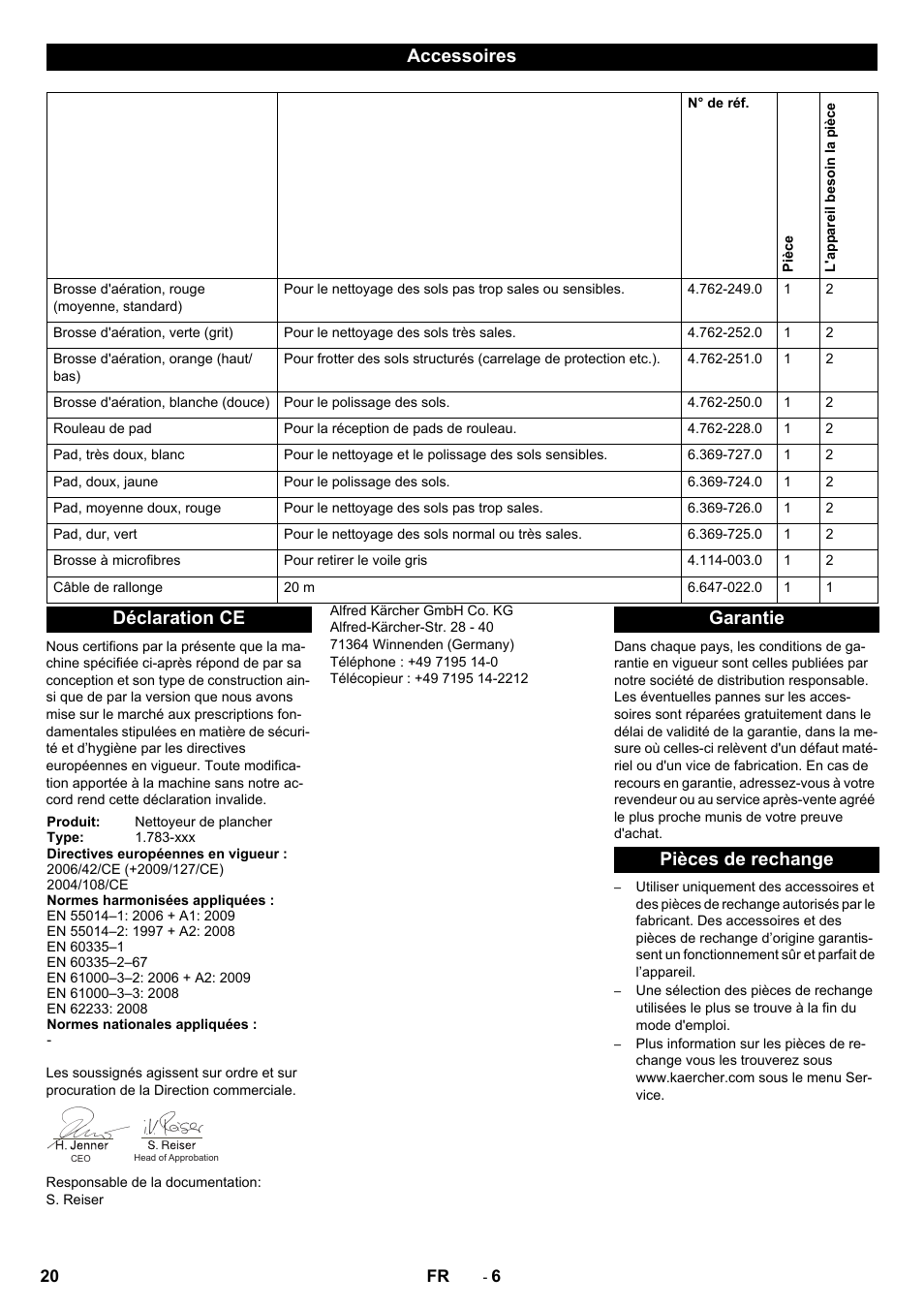 Accessoires, Déclaration ce, Garantie pièces de rechange | Karcher BRS 40-1000C EU User Manual | Page 20 / 168