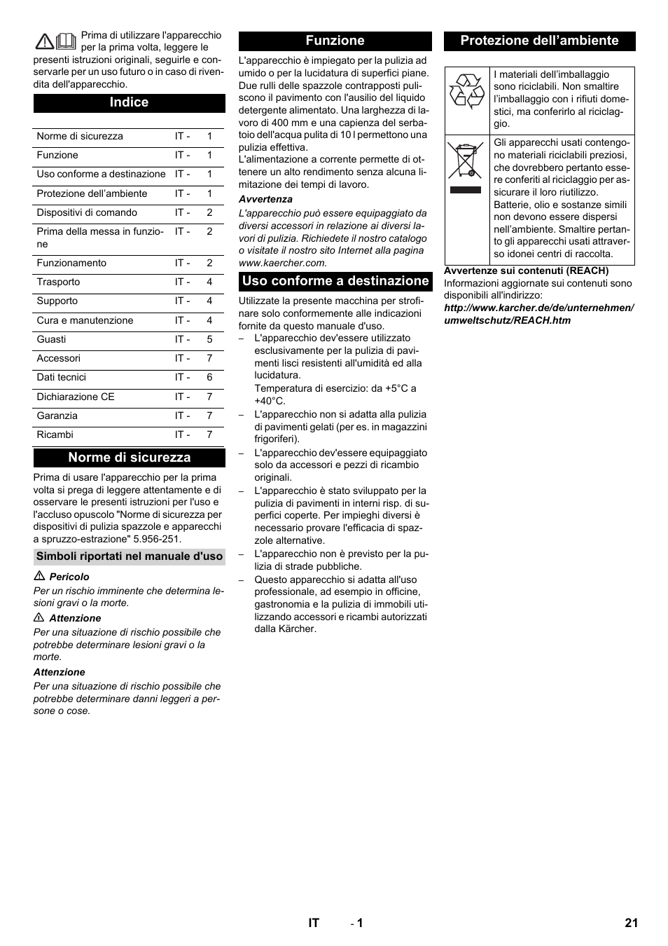 Italiano, Indice, Norme di sicurezza | Karcher BRS 40-1000C EU User Manual | Page 21 / 168