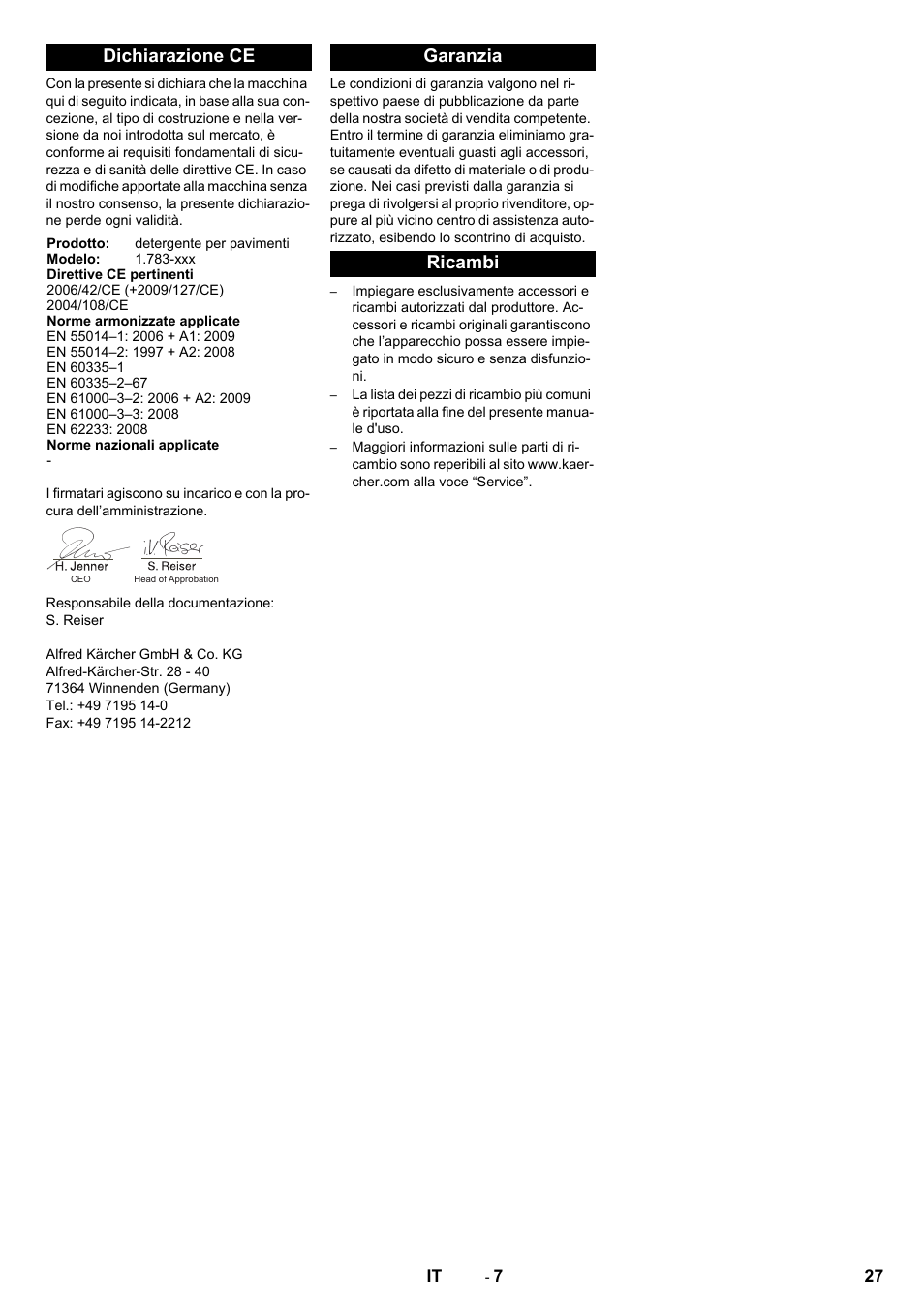 Dichiarazione ce, Garanzia ricambi | Karcher BRS 40-1000C EU User Manual | Page 27 / 168