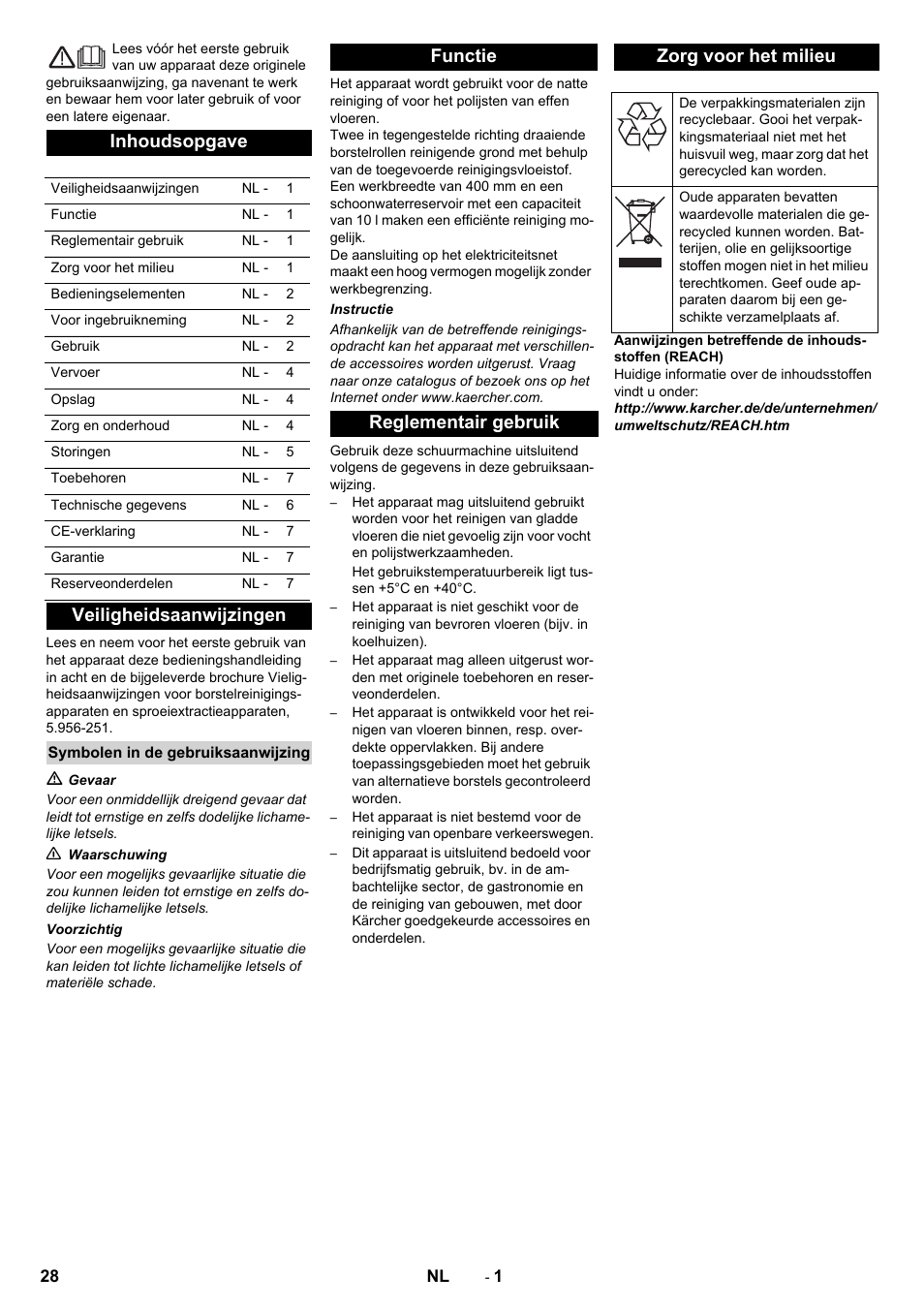 Nederlands, Inhoudsopgave, Veiligheidsaanwijzingen | Functie reglementair gebruik zorg voor het milieu | Karcher BRS 40-1000C EU User Manual | Page 28 / 168