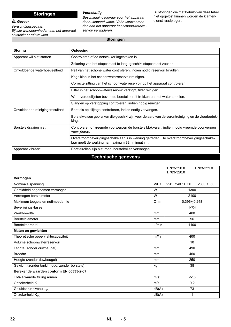 Storingen, Technische gegevens | Karcher BRS 40-1000C EU User Manual | Page 32 / 168