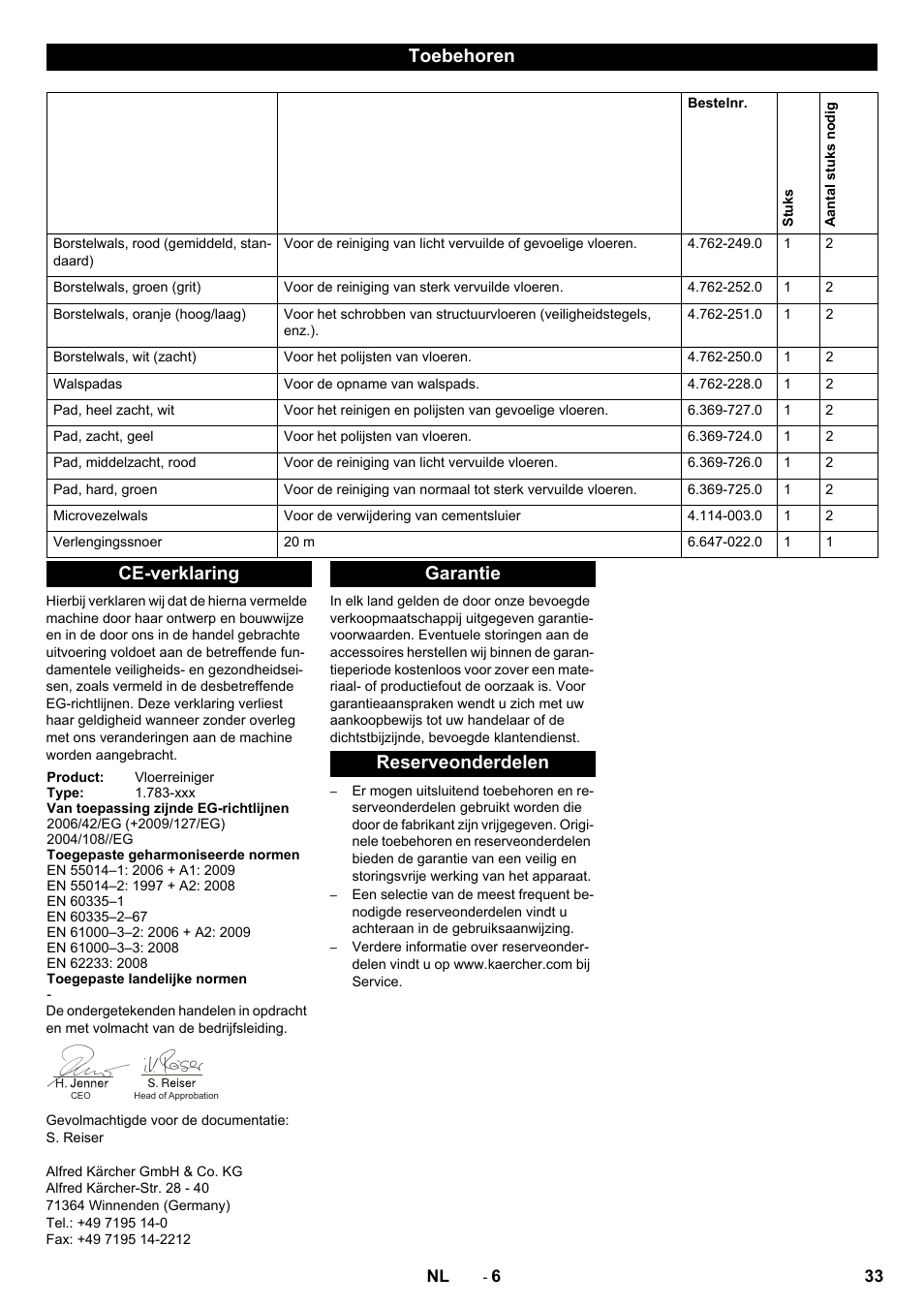 Toebehoren, Ce-verklaring, Garantie reserveonderdelen | Karcher BRS 40-1000C EU User Manual | Page 33 / 168