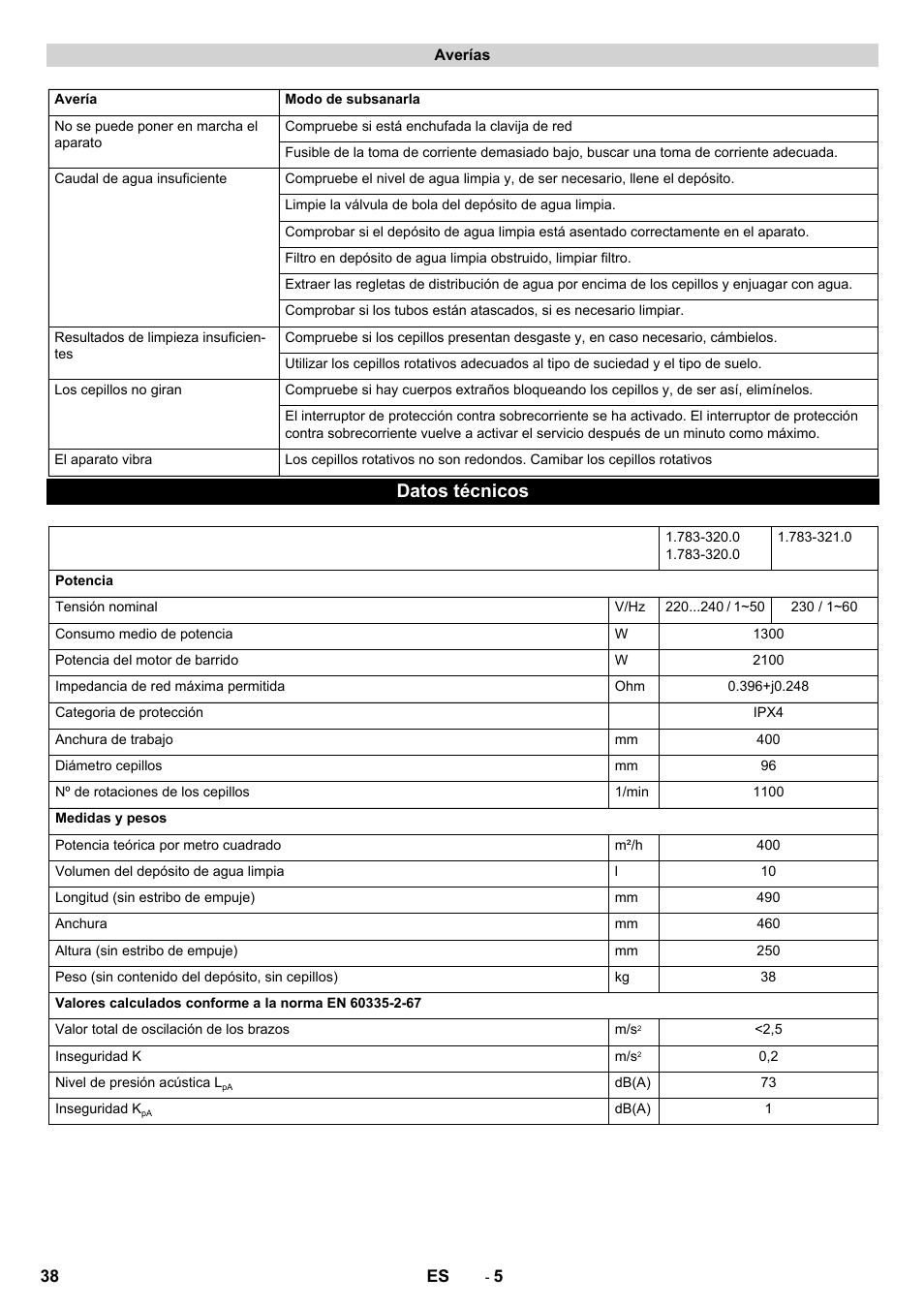 Datos técnicos | Karcher BRS 40-1000C EU User Manual | Page 38 / 168