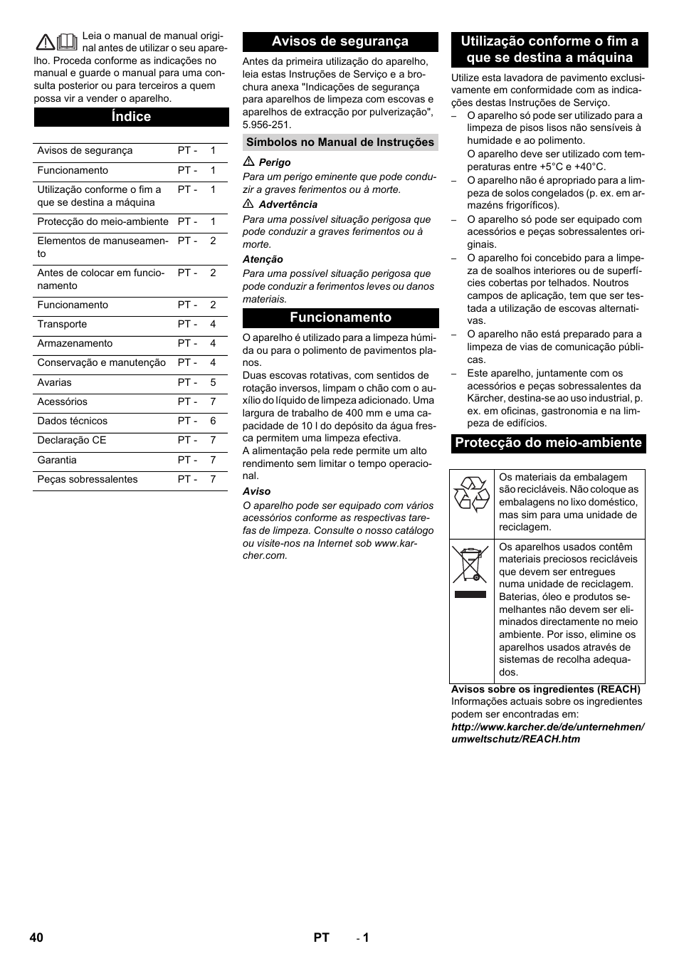 Português, Índice, Avisos de segurança | Karcher BRS 40-1000C EU User Manual | Page 40 / 168