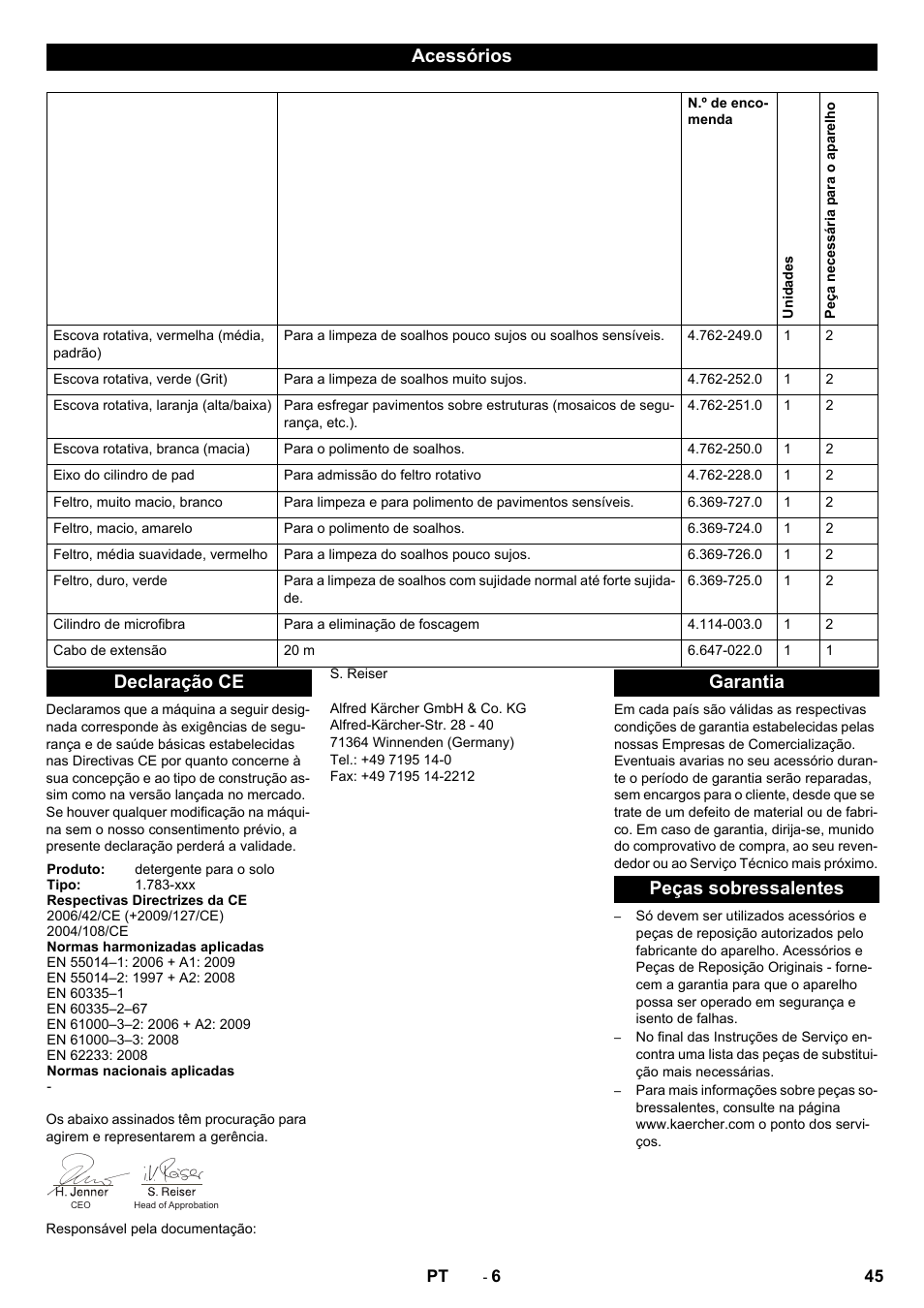 Acessórios, Declaração ce, Garantia peças sobressalentes | Karcher BRS 40-1000C EU User Manual | Page 45 / 168