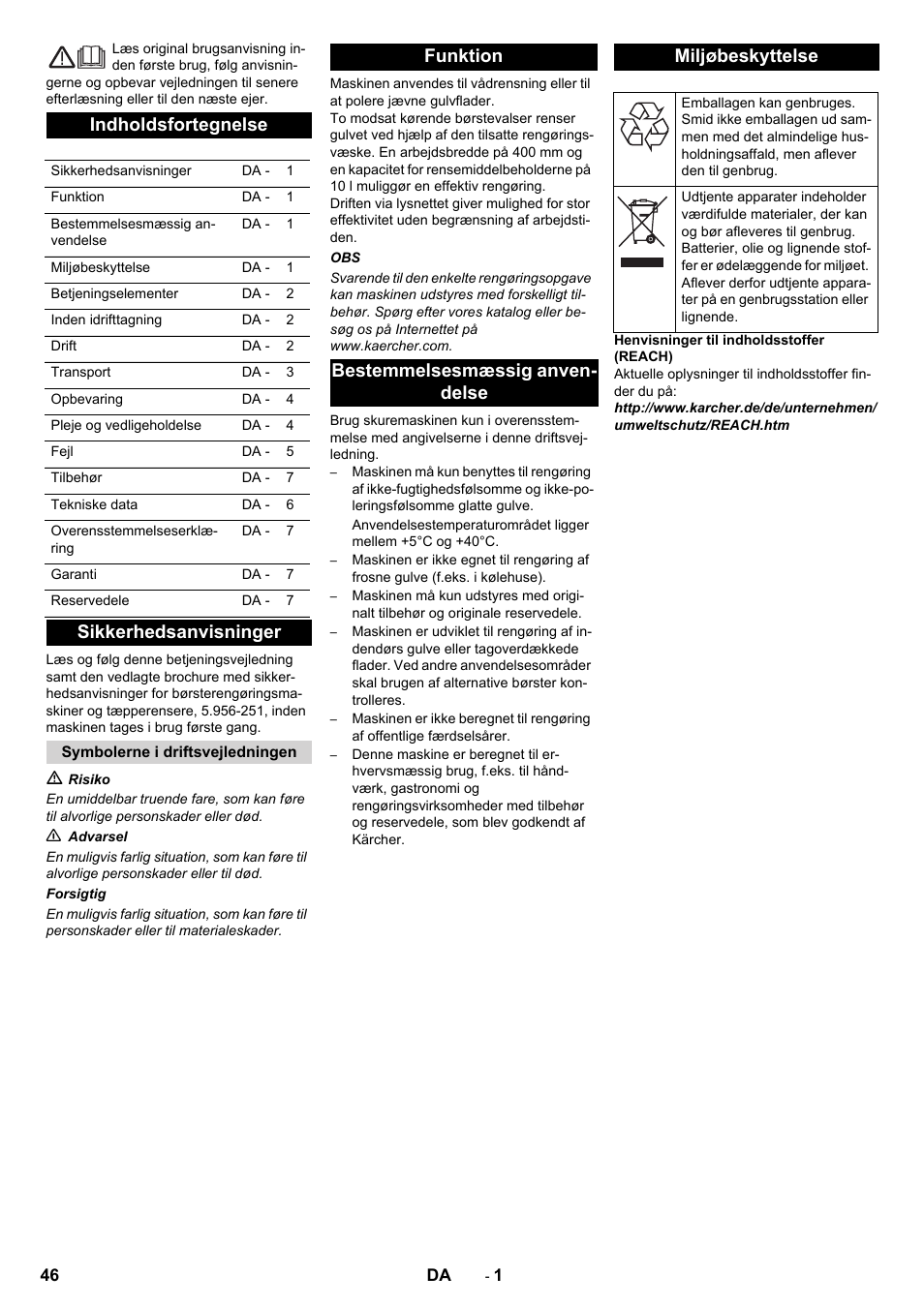 Dansk, Indholdsfortegnelse, Sikkerhedsanvisninger | Karcher BRS 40-1000C EU User Manual | Page 46 / 168