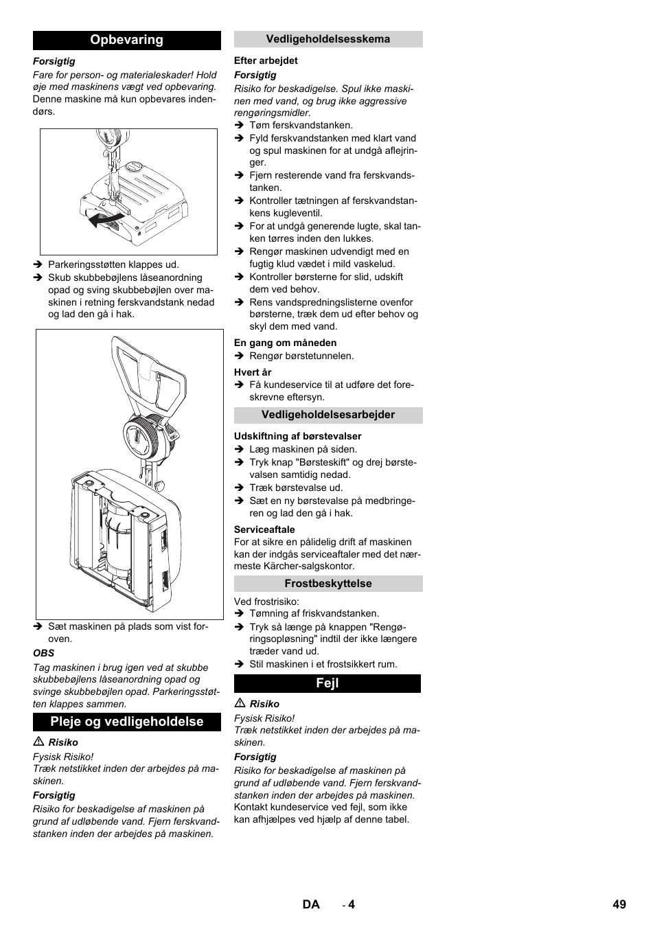 Opbevaring pleje og vedligeholdelse, Fejl | Karcher BRS 40-1000C EU User Manual | Page 49 / 168