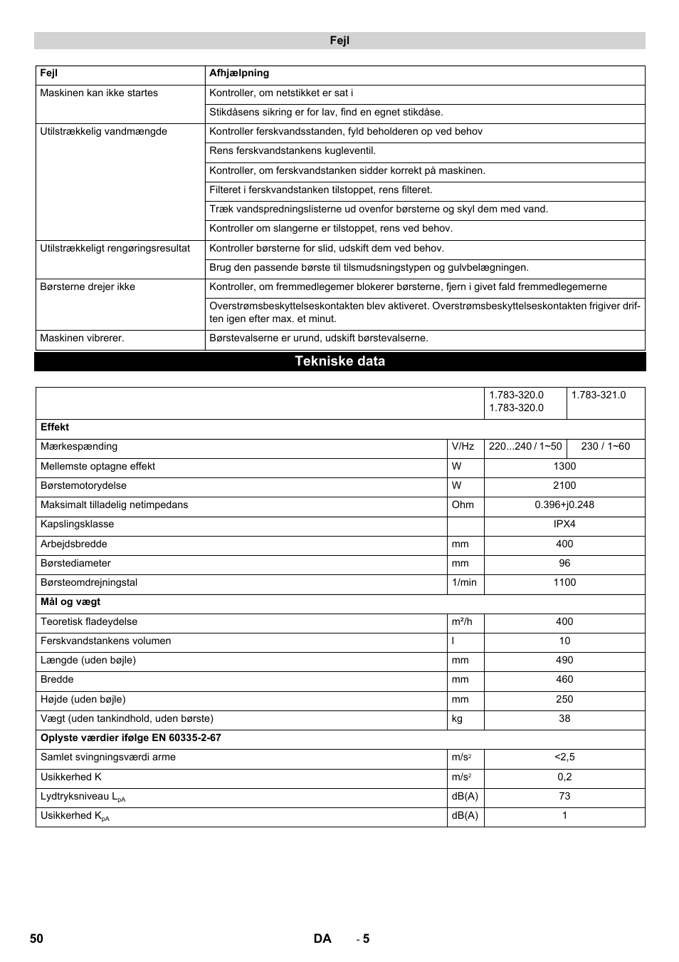 Tekniske data | Karcher BRS 40-1000C EU User Manual | Page 50 / 168