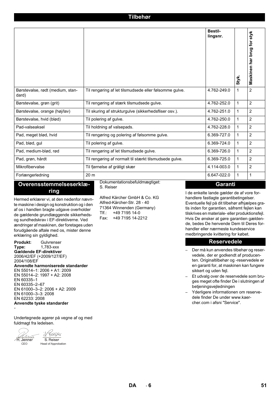 Tilbehør, Overensstemmelseserklæ- ring, Garanti reservedele | Karcher BRS 40-1000C EU User Manual | Page 51 / 168