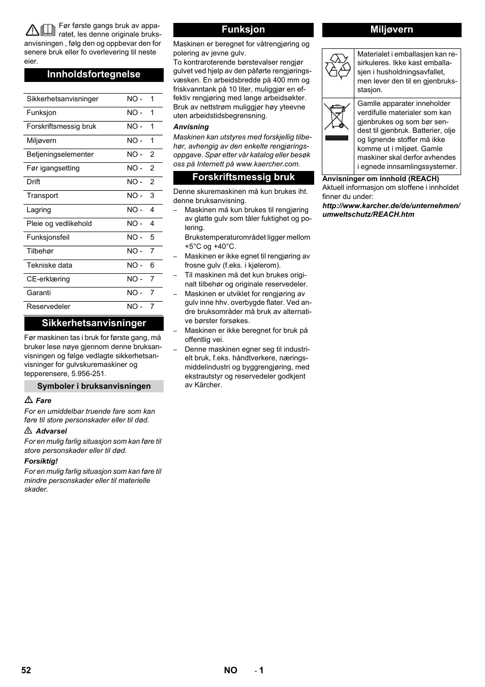 Norsk, Innholdsfortegnelse, Sikkerhetsanvisninger | Funksjon forskriftsmessig bruk miljøvern | Karcher BRS 40-1000C EU User Manual | Page 52 / 168