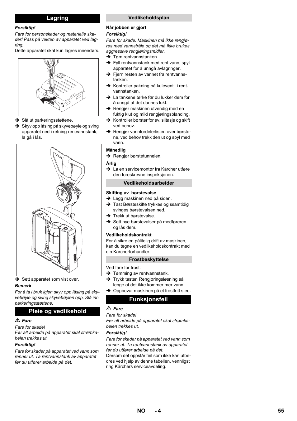 Lagring pleie og vedlikehold, Funksjonsfeil | Karcher BRS 40-1000C EU User Manual | Page 55 / 168