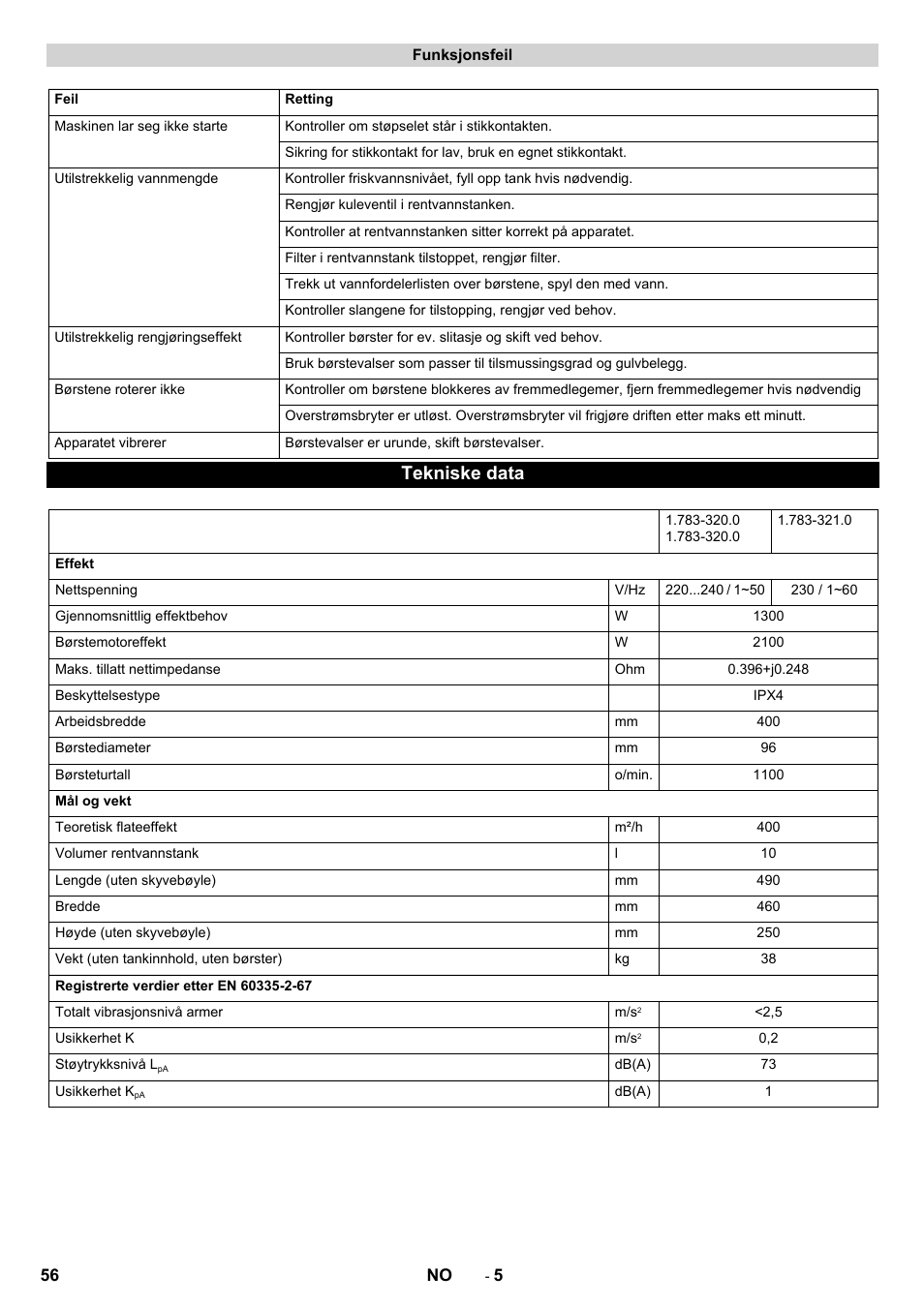 Tekniske data | Karcher BRS 40-1000C EU User Manual | Page 56 / 168