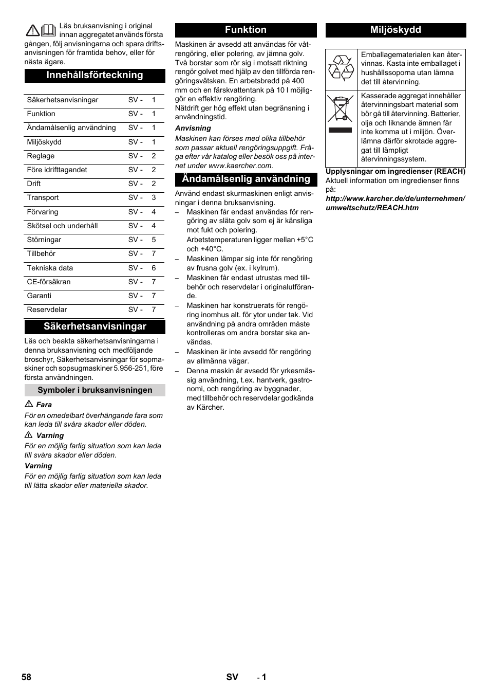 Svenska, Innehållsförteckning, Säkerhetsanvisningar | Funktion ändamålsenlig användning miljöskydd | Karcher BRS 40-1000C EU User Manual | Page 58 / 168