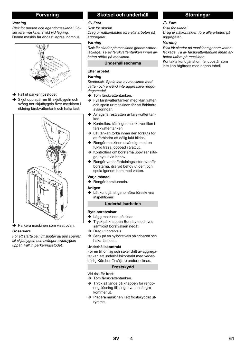 Förvaring skötsel och underhåll, Störningar | Karcher BRS 40-1000C EU User Manual | Page 61 / 168