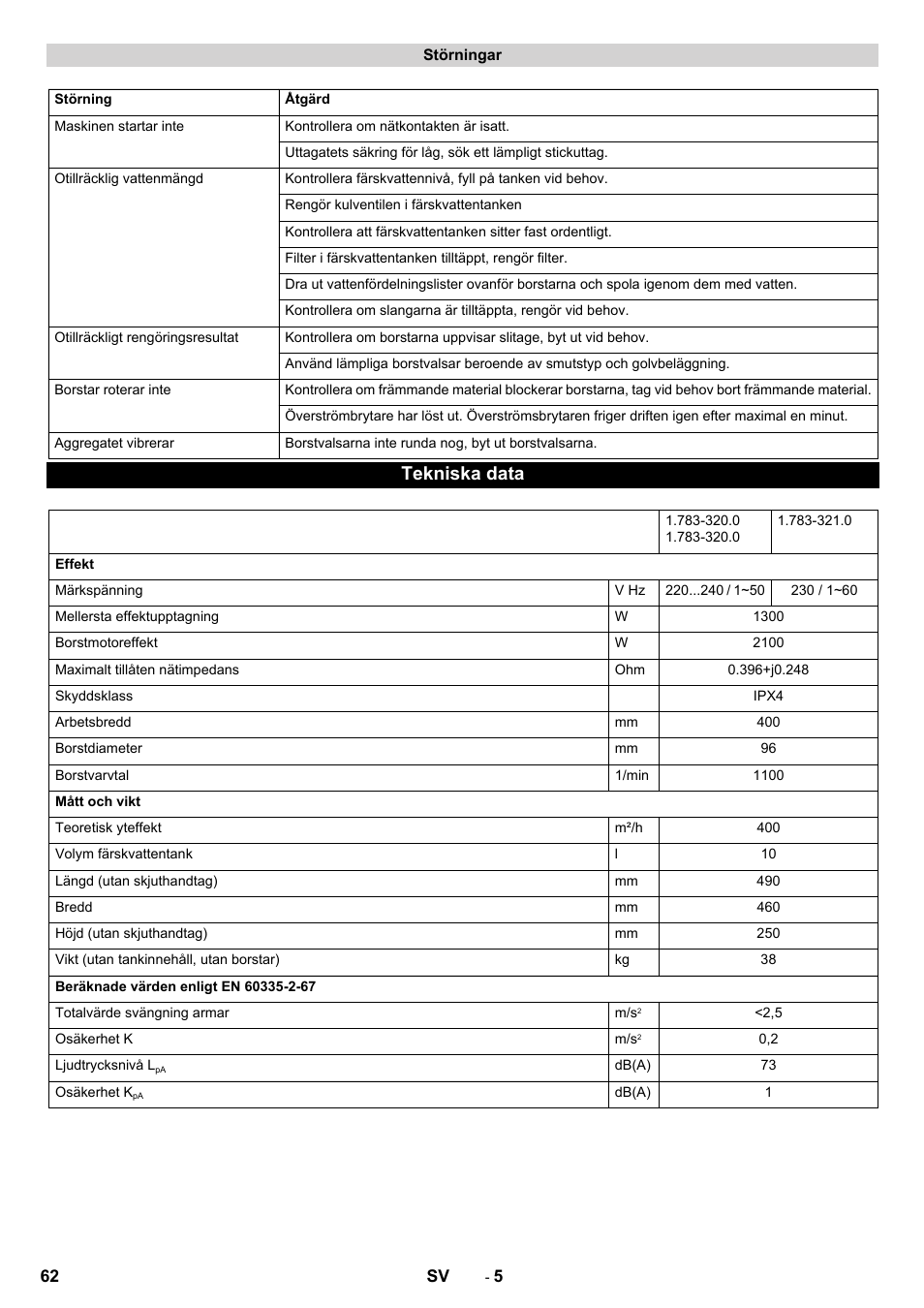 Tekniska data | Karcher BRS 40-1000C EU User Manual | Page 62 / 168