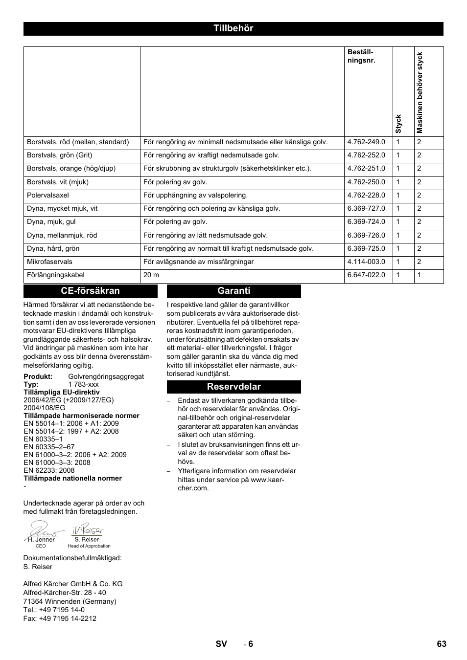 Tillbehör, Ce-försäkran, Garanti reservdelar | Karcher BRS 40-1000C EU User Manual | Page 63 / 168