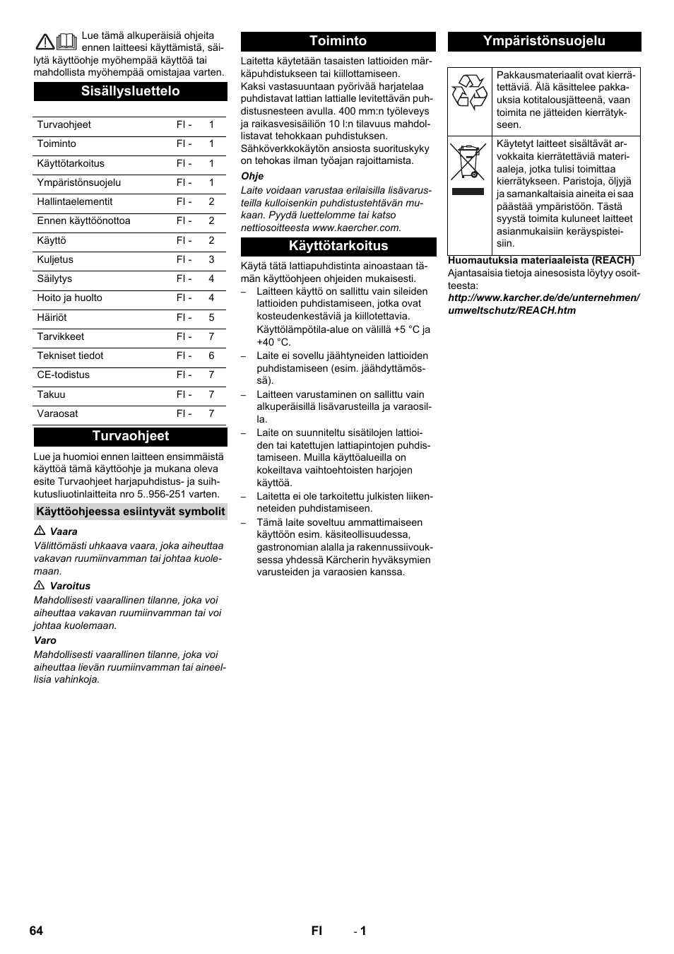 Suomi, Sisällysluettelo, Turvaohjeet | Toiminto käyttötarkoitus ympäristönsuojelu | Karcher BRS 40-1000C EU User Manual | Page 64 / 168