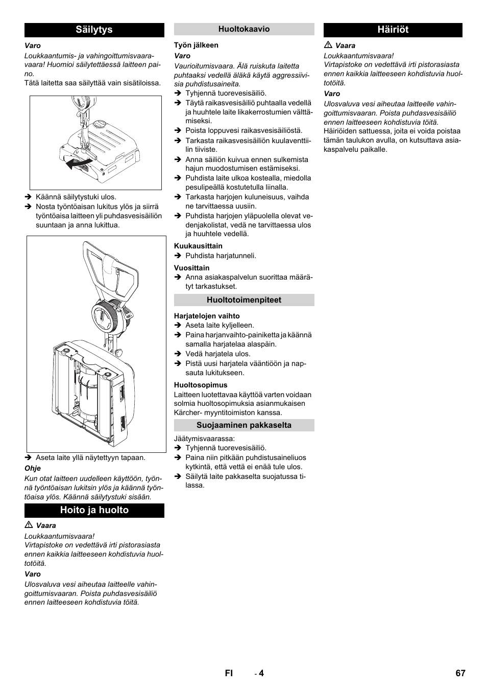 Säilytys hoito ja huolto, Häiriöt | Karcher BRS 40-1000C EU User Manual | Page 67 / 168