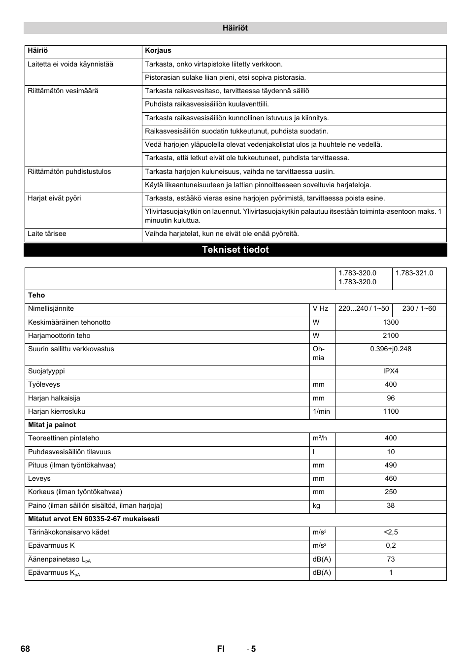 Tekniset tiedot | Karcher BRS 40-1000C EU User Manual | Page 68 / 168