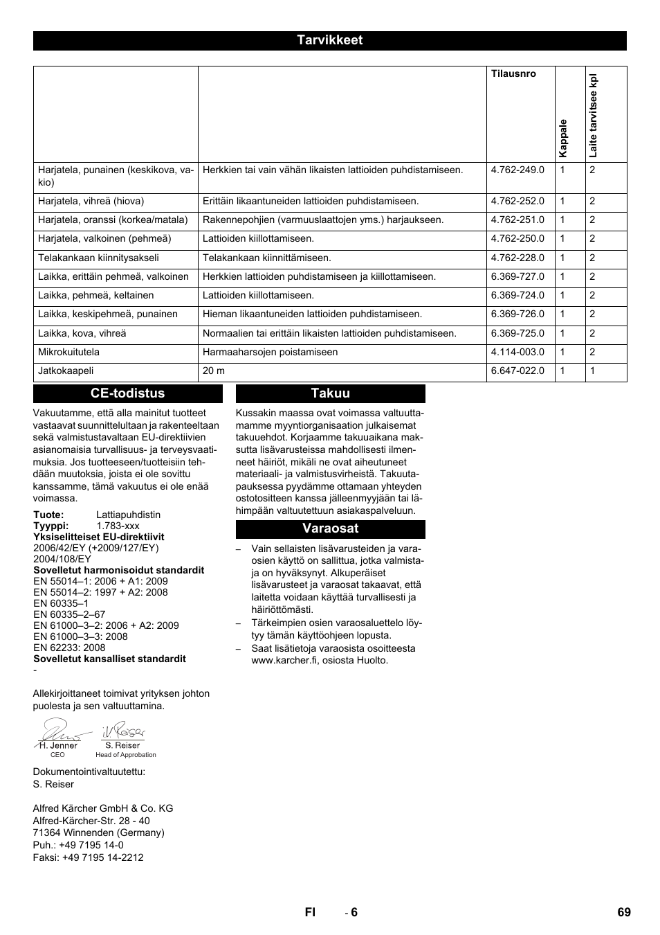 Tarvikkeet, Ce-todistus, Takuu varaosat | Karcher BRS 40-1000C EU User Manual | Page 69 / 168