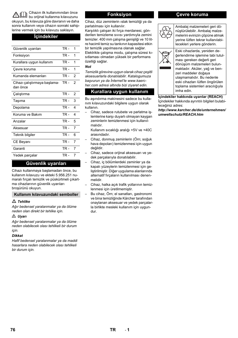 Türkçe, Içindekiler, Güvenlik uyarıları | Fonksiyon kurallara uygun kullanım çevre koruma | Karcher BRS 40-1000C EU User Manual | Page 76 / 168