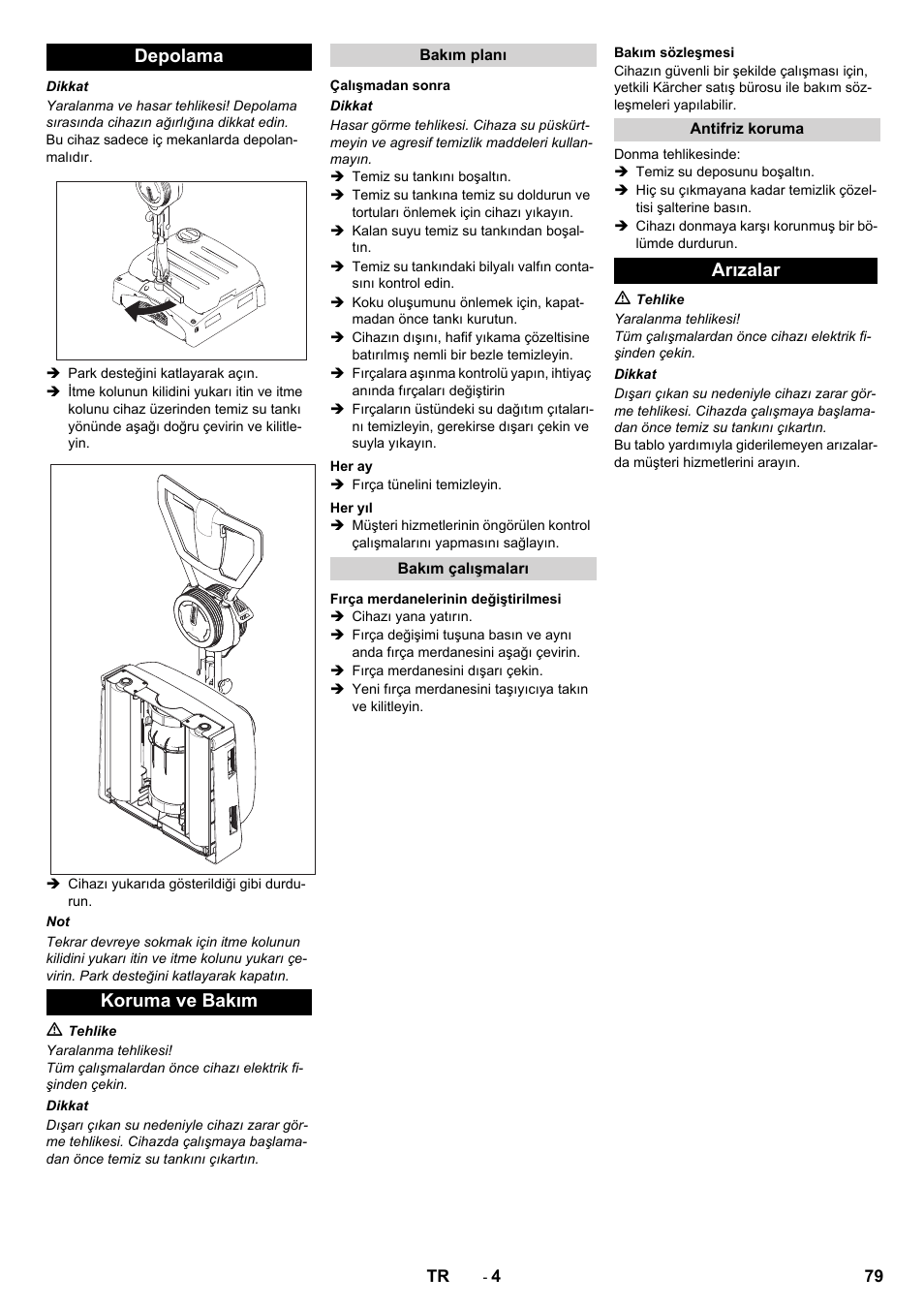 Depolama koruma ve bakım, Arızalar | Karcher BRS 40-1000C EU User Manual | Page 79 / 168