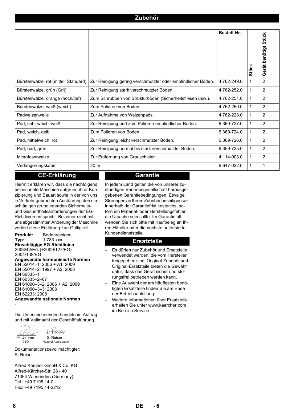 Zubehör, Ce-erklärung, Garantie ersatzteile | Karcher BRS 40-1000C EU User Manual | Page 8 / 168