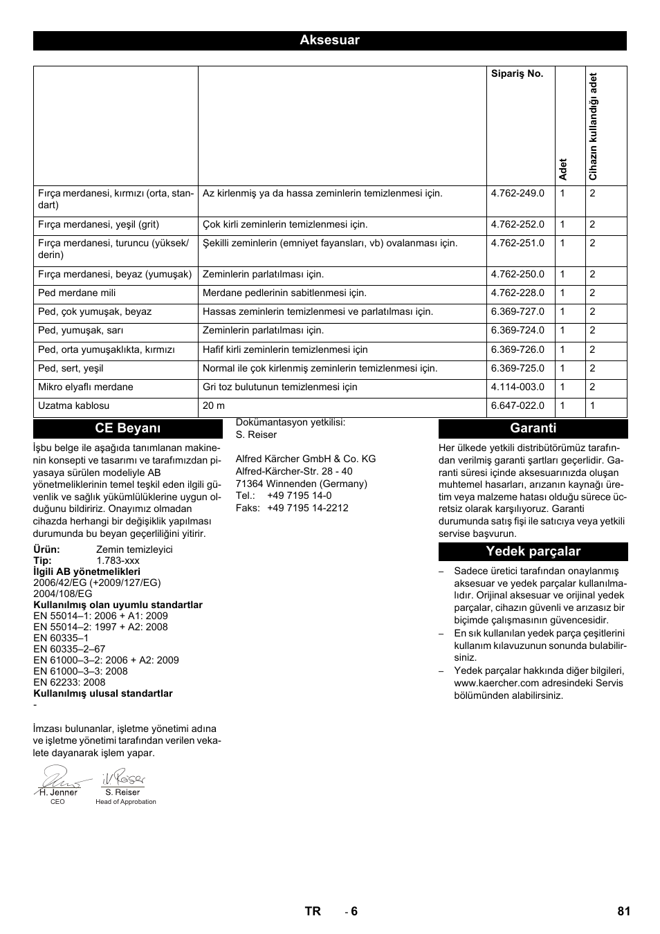 Aksesuar, Ce beyanı, Garanti yedek parçalar | Karcher BRS 40-1000C EU User Manual | Page 81 / 168