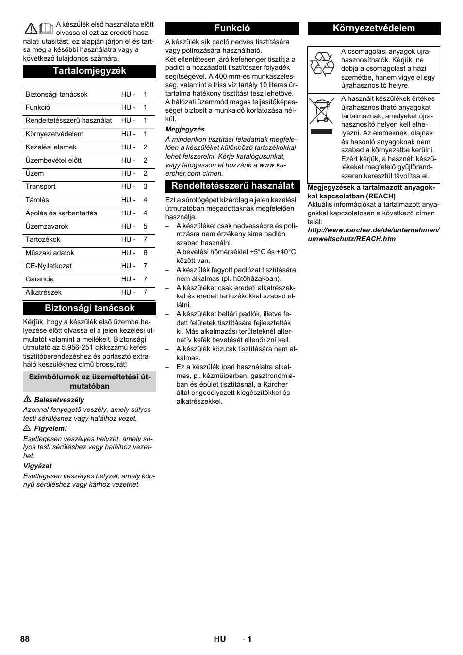 Magyar, Tartalomjegyzék, Biztonsági tanácsok | Karcher BRS 40-1000C EU User Manual | Page 88 / 168