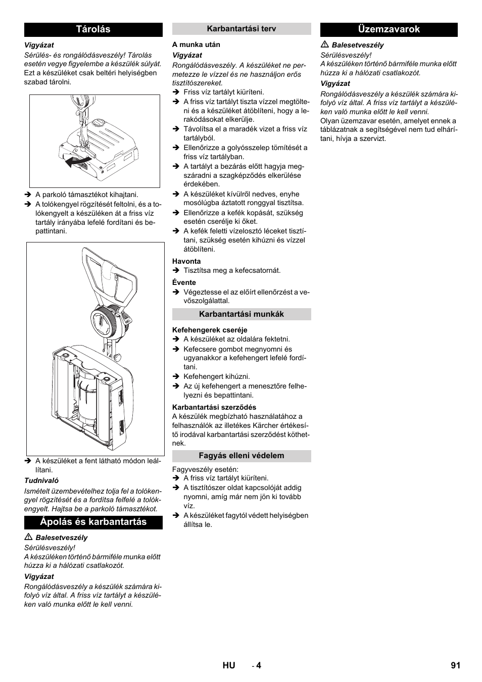 Tárolás ápolás és karbantartás, Üzemzavarok | Karcher BRS 40-1000C EU User Manual | Page 91 / 168