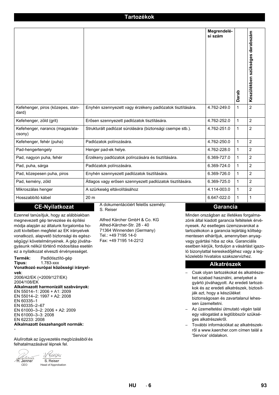 Tartozékok, Ce-nyilatkozat, Garancia alkatrészek | Karcher BRS 40-1000C EU User Manual | Page 93 / 168