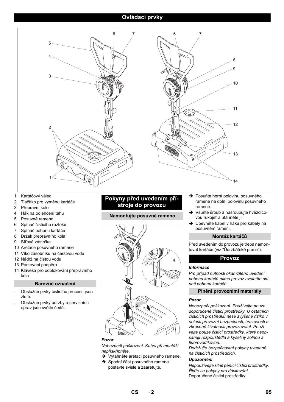 Ovládací prvky, Pokyny před uvedením pří- stroje do provozu, Provoz | Karcher BRS 40-1000C EU User Manual | Page 95 / 168