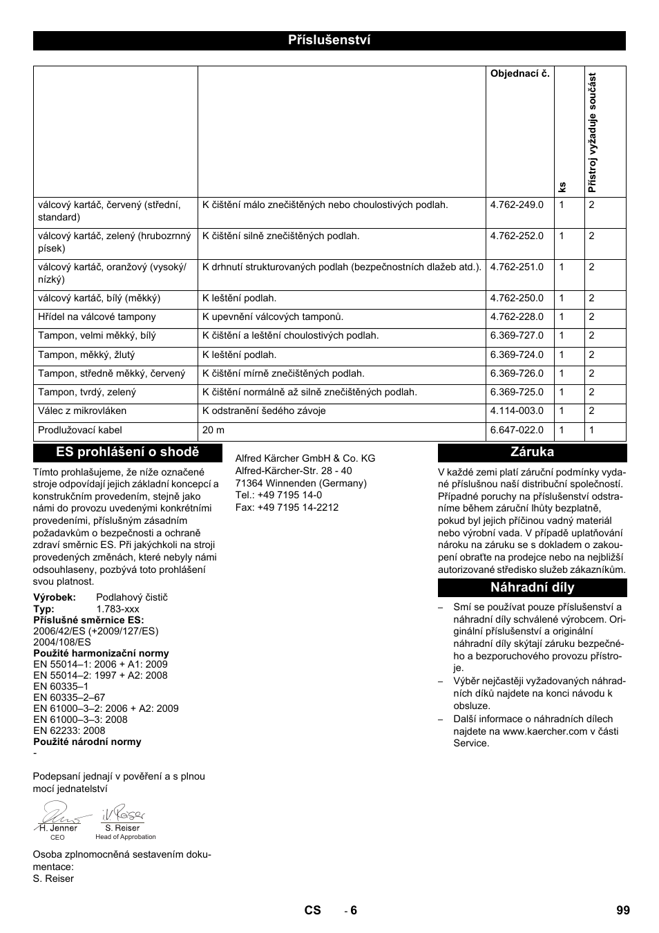 Příslušenství, Es prohlášení o shodě, Záruka náhradní díly | Karcher BRS 40-1000C EU User Manual | Page 99 / 168