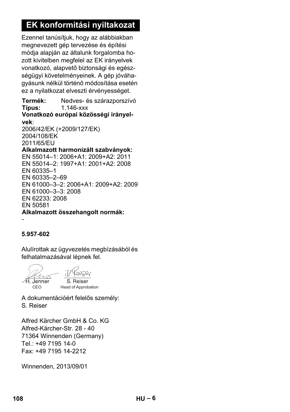Ek konformitási nyiltakozat | Karcher NT 55-1 Tact Te User Manual | Page 108 / 200