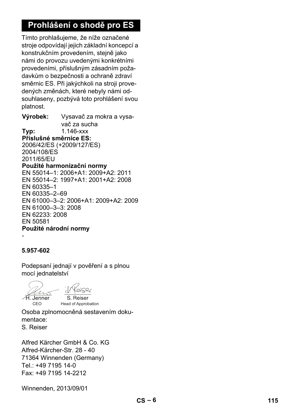 Prohlášení o shodě pro es | Karcher NT 55-1 Tact Te User Manual | Page 115 / 200