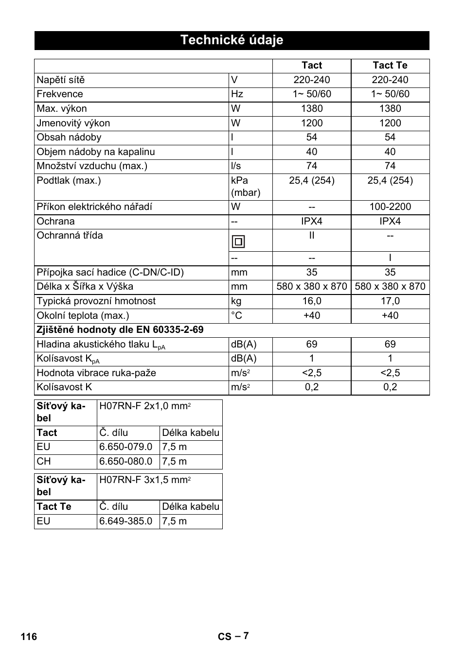 Technické údaje | Karcher NT 55-1 Tact Te User Manual | Page 116 / 200