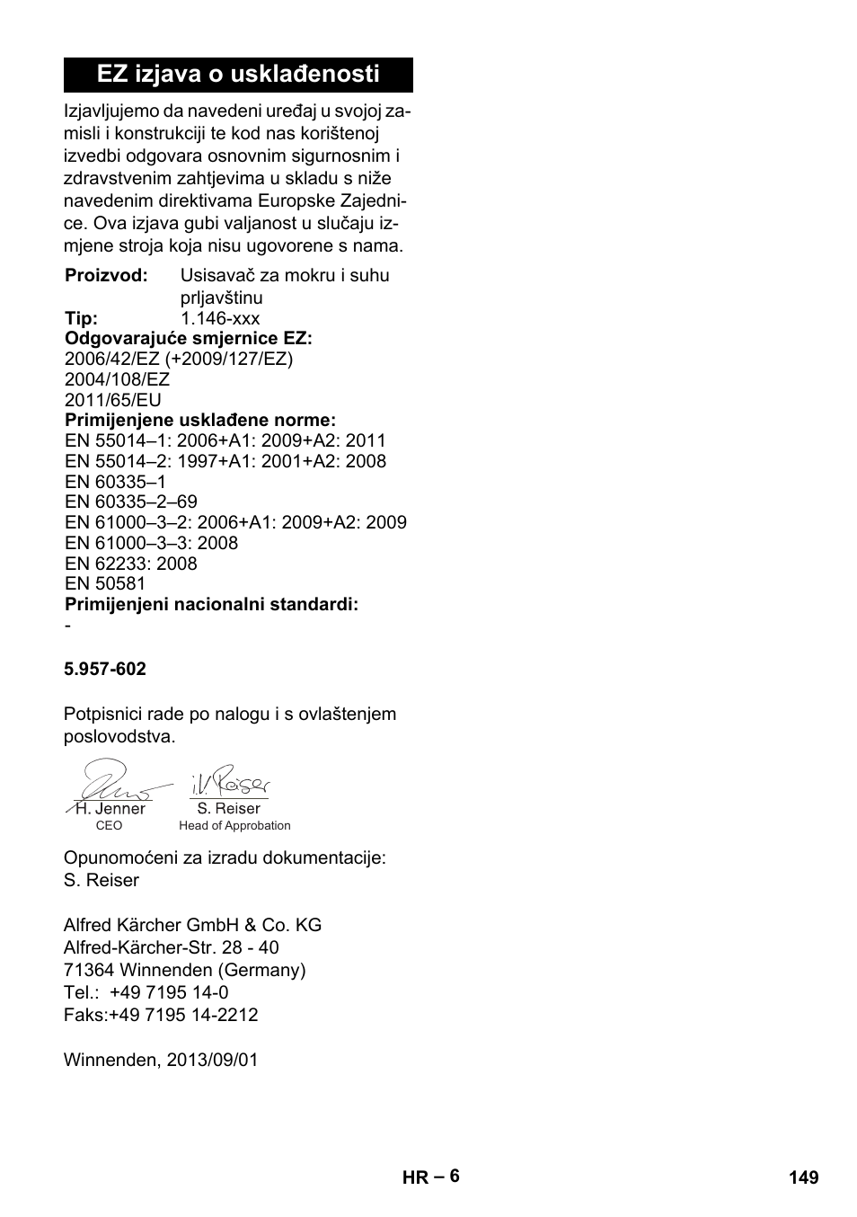 Ez izjava o usklađenosti | Karcher NT 55-1 Tact Te User Manual | Page 149 / 200