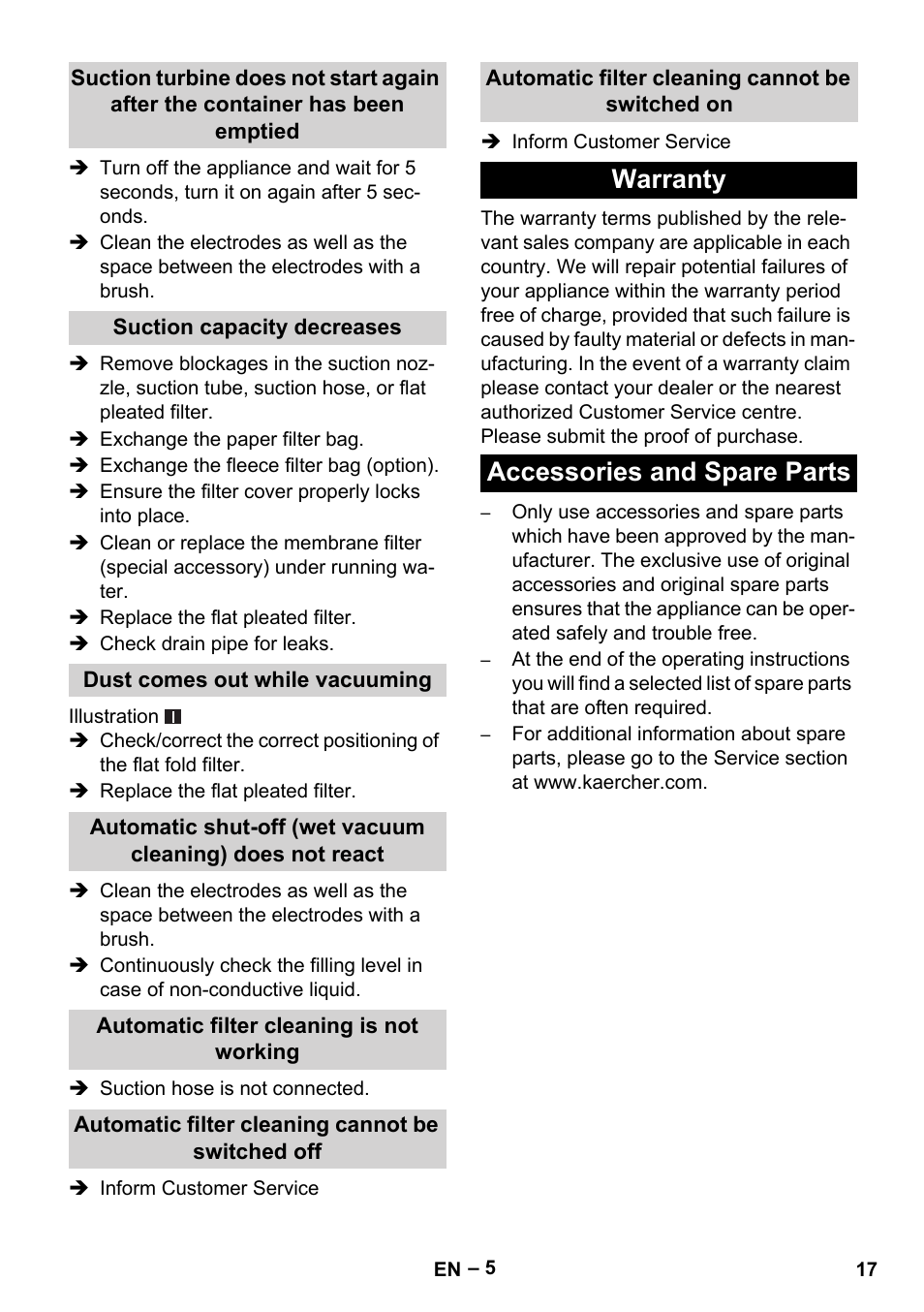 Suction capacity decreases, Dust comes out while vacuuming, Automatic filter cleaning is not working | Automatic filter cleaning cannot be switched off, Automatic filter cleaning cannot be switched on, Warranty, Accessories and spare parts, Warranty accessories and spare parts | Karcher NT 55-1 Tact Te User Manual | Page 17 / 200