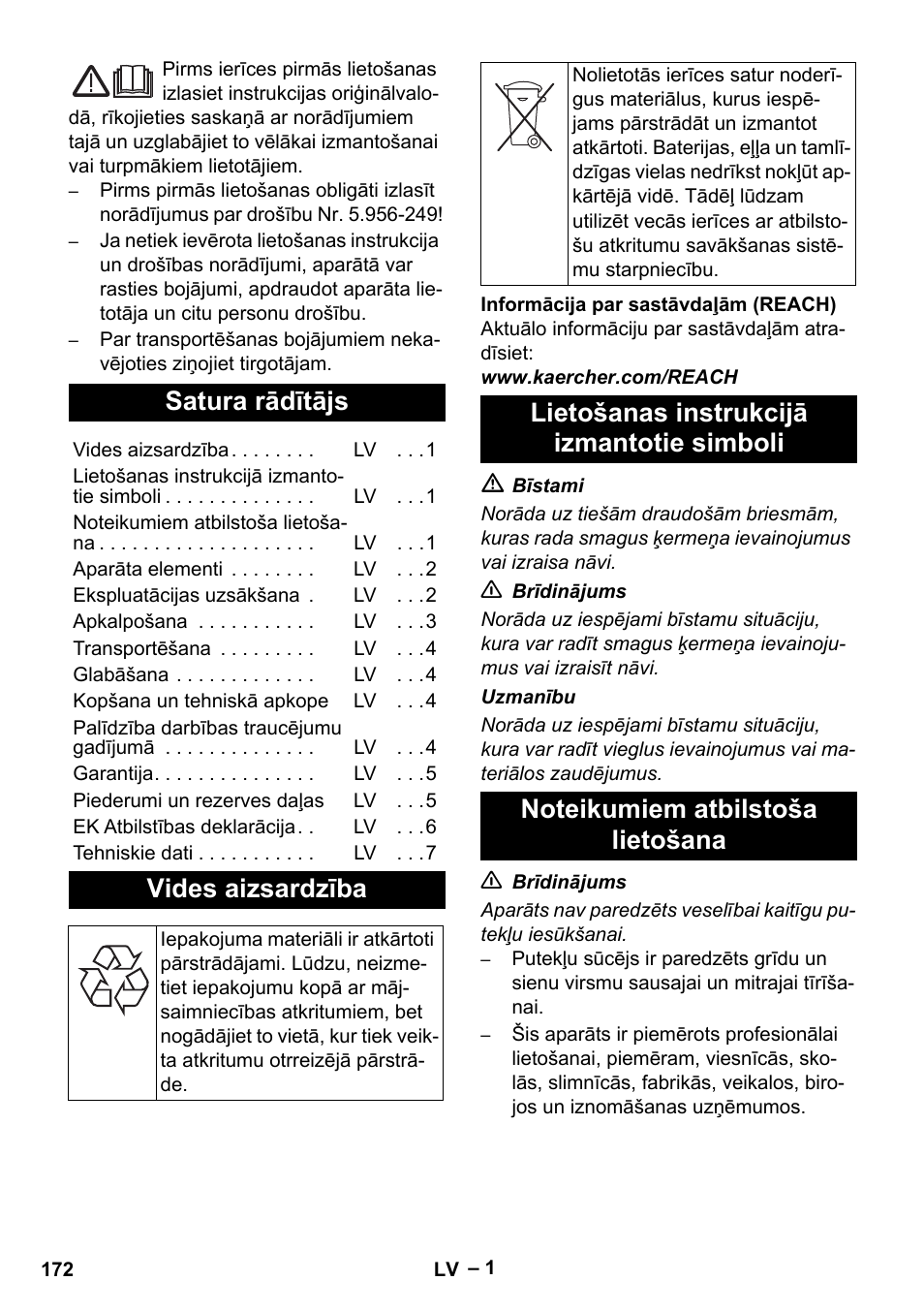 Latviešu, Satura rādītājs, Vides aizsardzība | Lietošanas instrukcijā izmantotie simboli, Noteikumiem atbilstoša lietošana | Karcher NT 55-1 Tact Te User Manual | Page 172 / 200