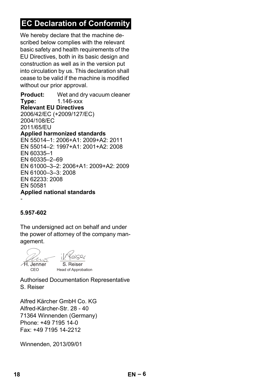 Ec declaration of conformity | Karcher NT 55-1 Tact Te User Manual | Page 18 / 200