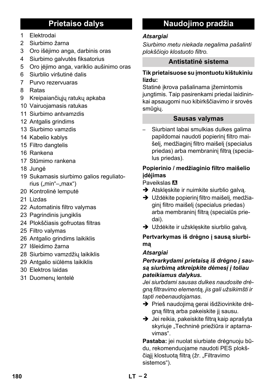 Prietaiso dalys, Naudojimo pradžia, Antistatinė sistema | Sausas valymas, Popierinio / medžiaginio filtro maišelio įdėjimas, Pertvarkymas iš drėgno į sausą siurbimą, Prietaiso dalys naudojimo pradžia | Karcher NT 55-1 Tact Te User Manual | Page 180 / 200