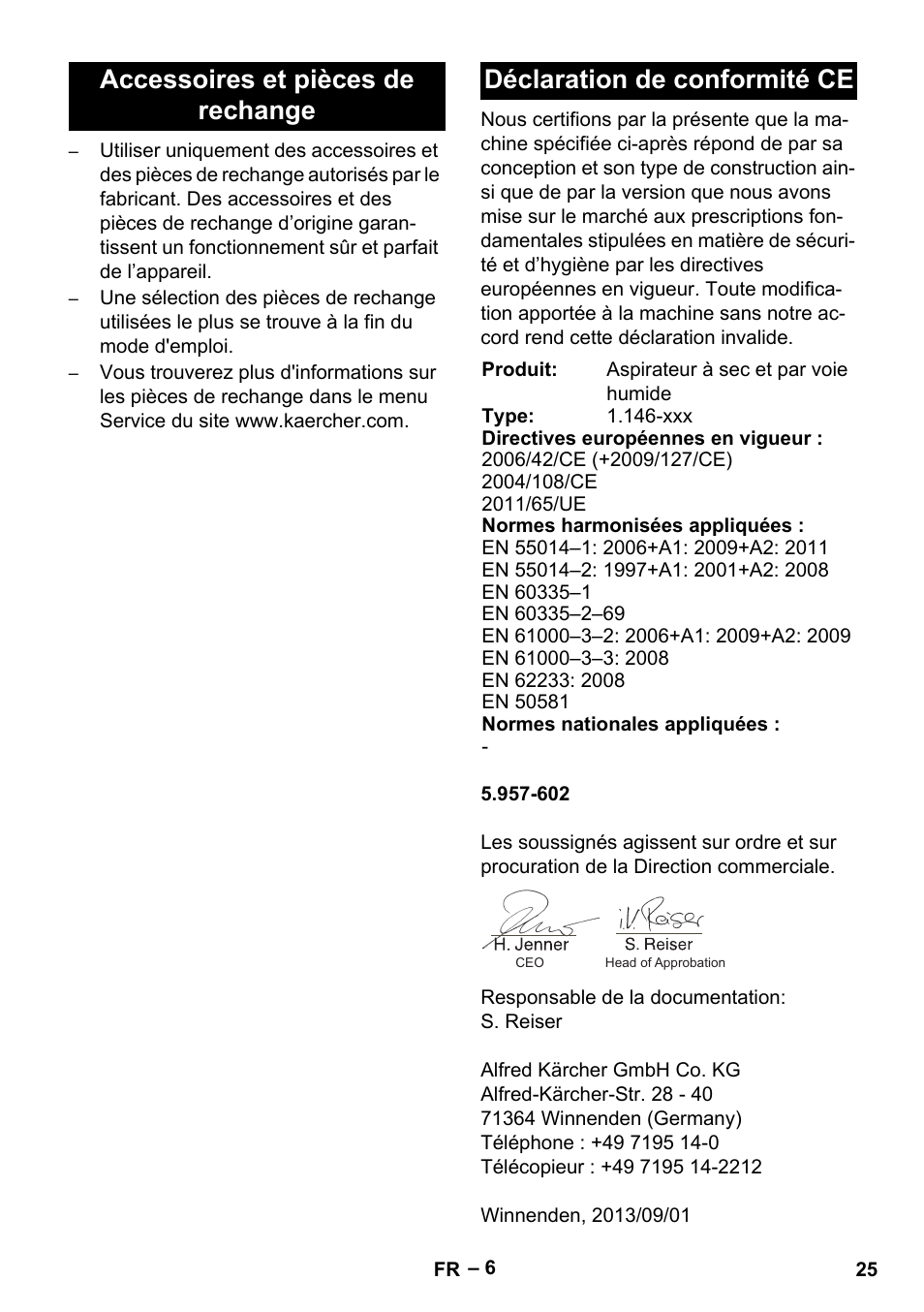 Accessoires et pièces de rechange, Déclaration de conformité ce | Karcher NT 55-1 Tact Te User Manual | Page 25 / 200