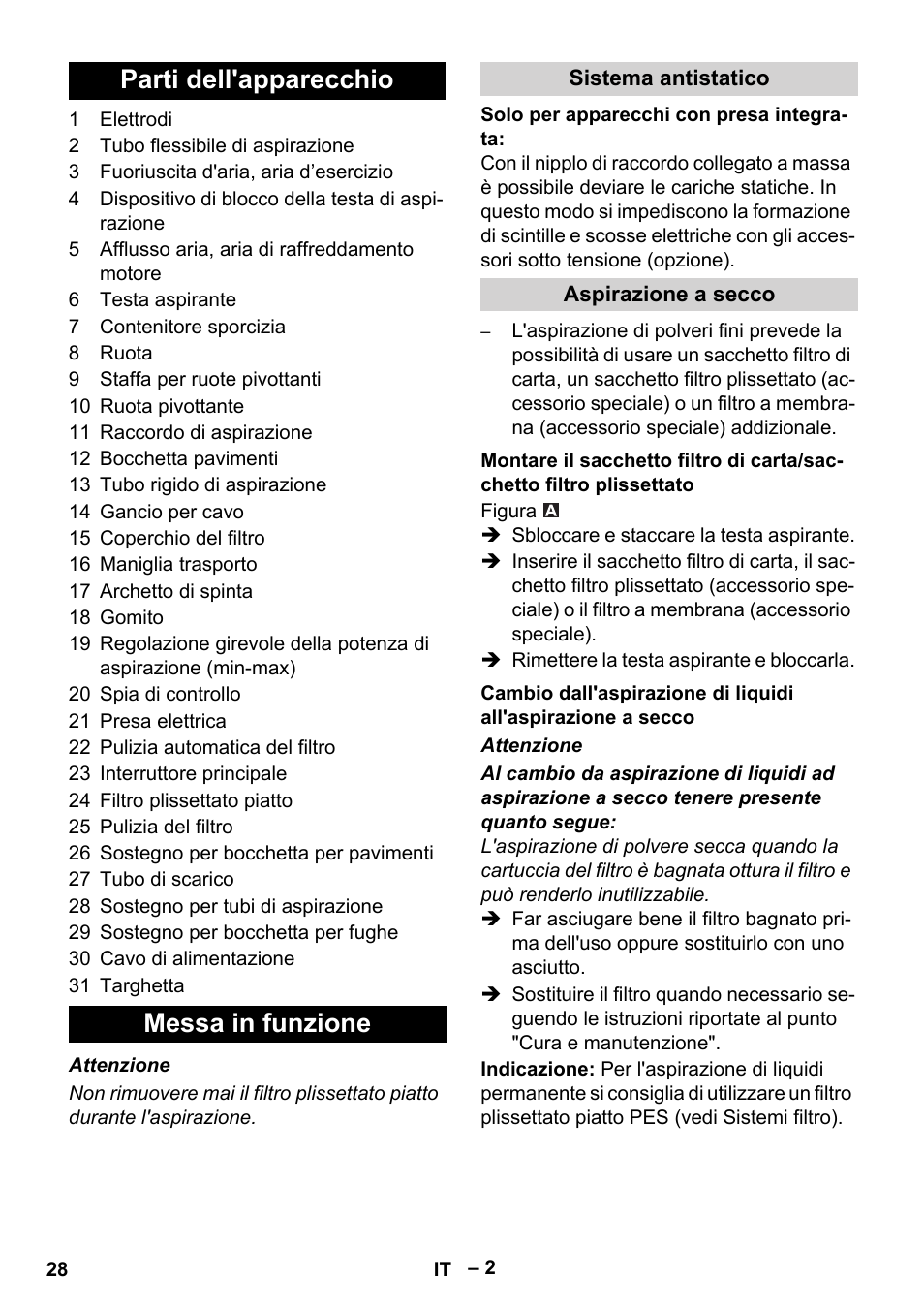 Parti dell'apparecchio, Messa in funzione, Sistema antistatico | Aspirazione a secco, Parti dell'apparecchio messa in funzione | Karcher NT 55-1 Tact Te User Manual | Page 28 / 200