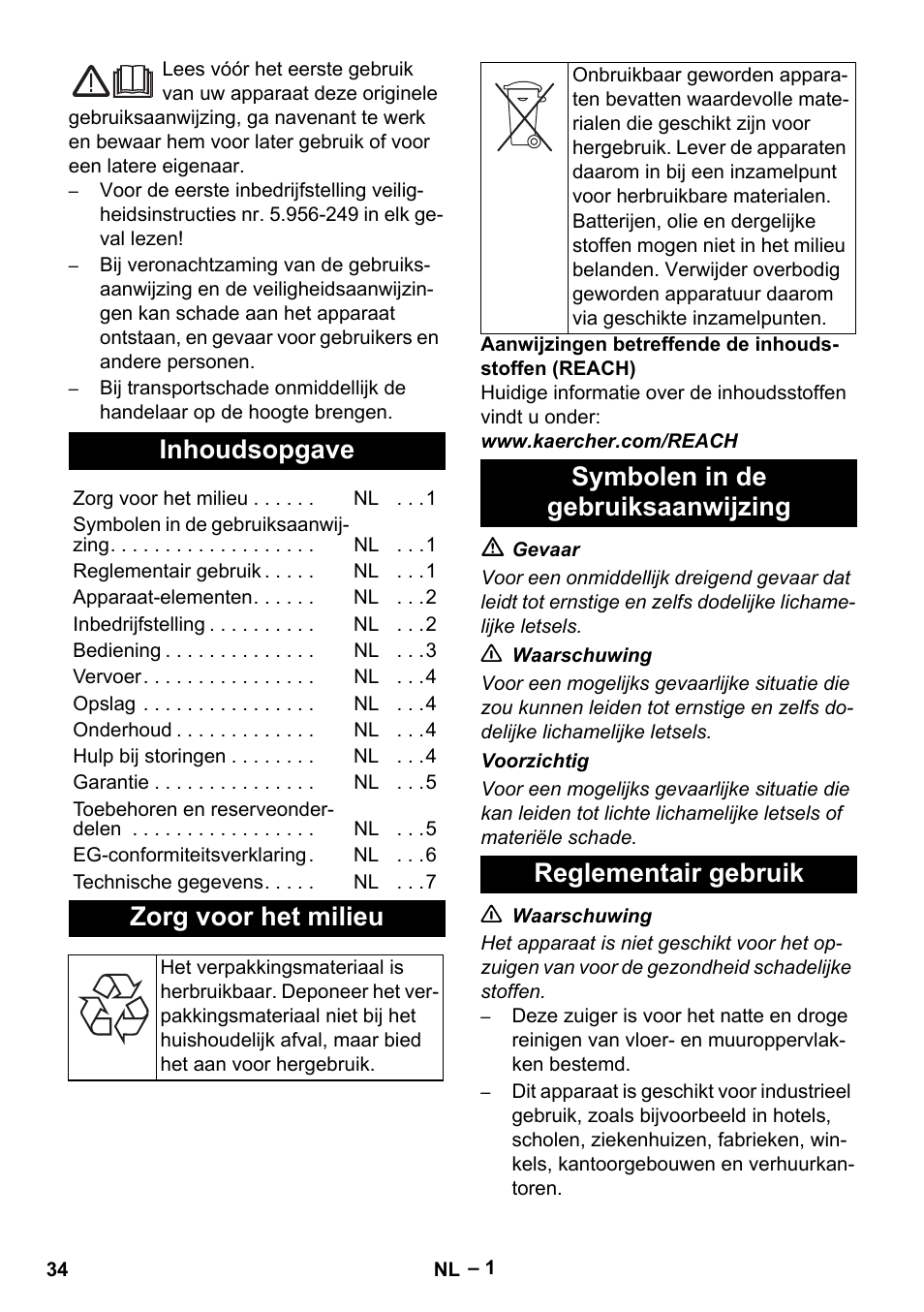 Nederlands, Inhoudsopgave, Zorg voor het milieu | Symbolen in de gebruiksaanwijzing, Reglementair gebruik | Karcher NT 55-1 Tact Te User Manual | Page 34 / 200