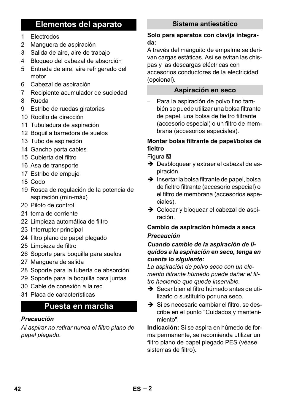 Elementos del aparato, Puesta en marcha, Sistema antiestático | Aspiración en seco, Montar bolsa filtrante de papel/bolsa de fieltro, Cambio de aspiración húmeda a seca, Elementos del aparato puesta en marcha | Karcher NT 55-1 Tact Te User Manual | Page 42 / 200