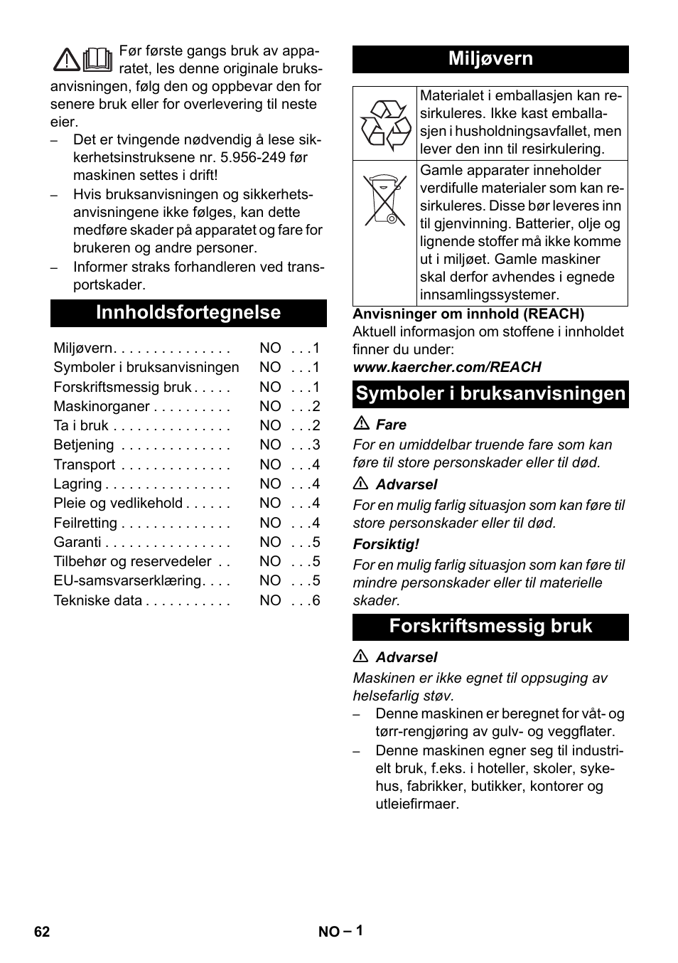 Norsk, Innholdsfortegnelse, Miljøvern | Symboler i bruksanvisningen, Forskriftsmessig bruk, Symboler i bruksanvisningen forskriftsmessig bruk | Karcher NT 55-1 Tact Te User Manual | Page 62 / 200