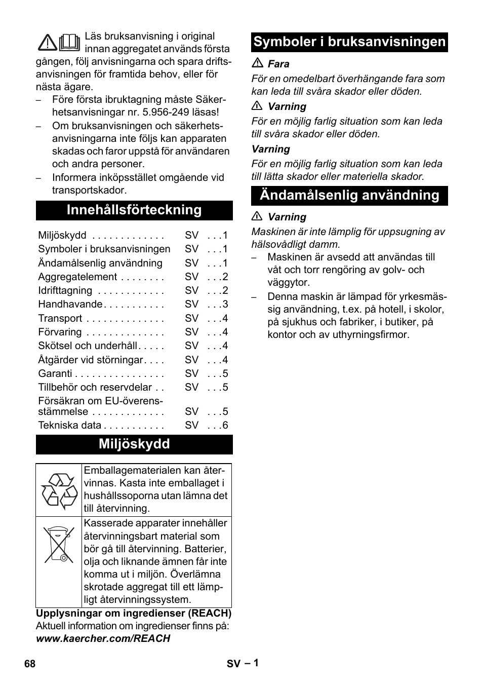 Svenska, Innehållsförteckning, Miljöskydd | Symboler i bruksanvisningen, Ändamålsenlig användning | Karcher NT 55-1 Tact Te User Manual | Page 68 / 200