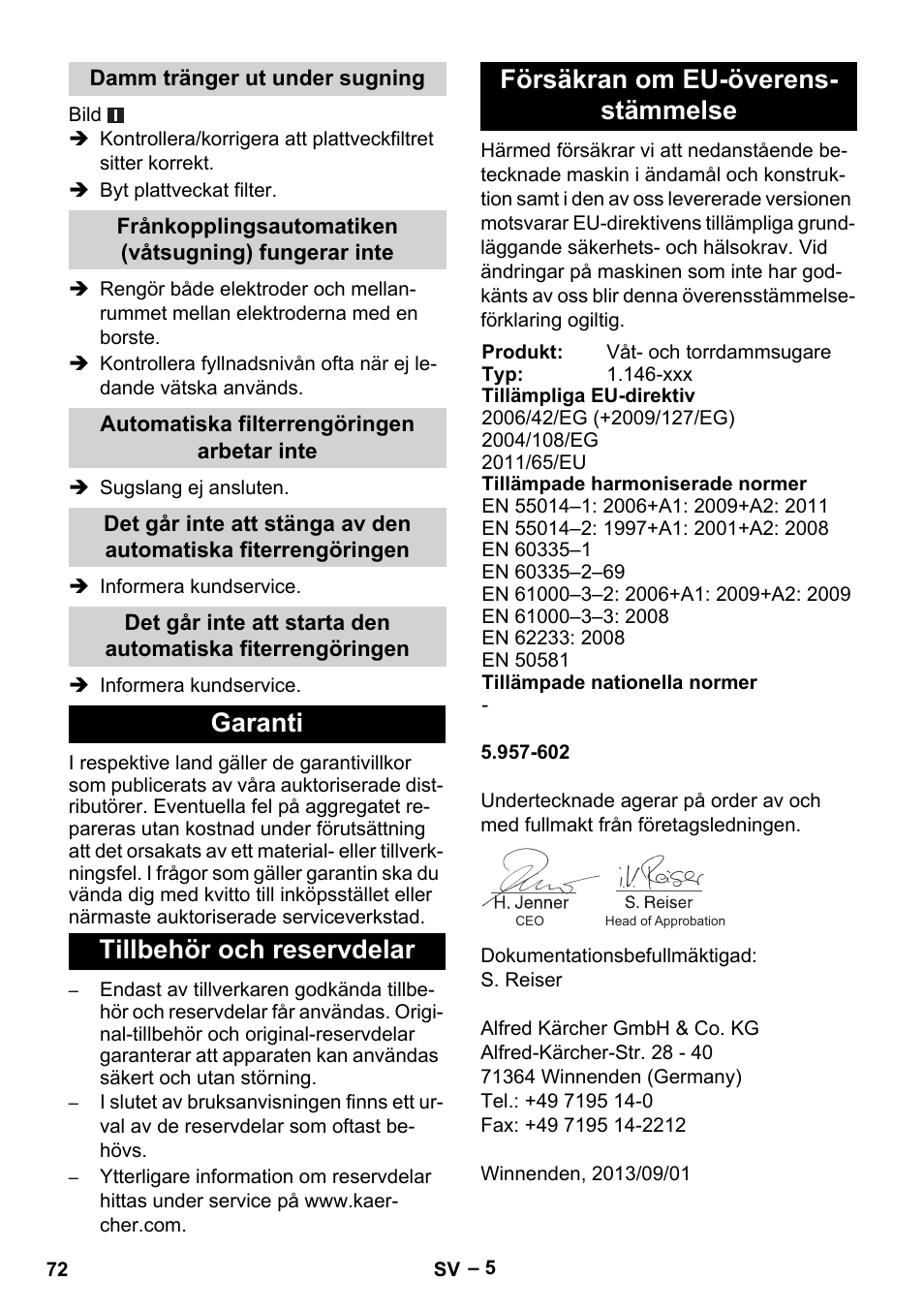 Damm tränger ut under sugning, Automatiska filterrengöringen arbetar inte, Garanti | Tillbehör och reservdelar, Försäkran om eu-överensstämmelse | Karcher NT 55-1 Tact Te User Manual | Page 72 / 200